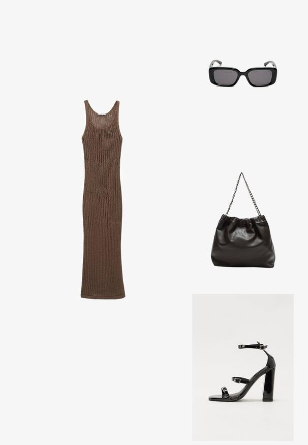 Hnědé háčkované bezrukávové šaty s těsným střihem, které mají otevřenou pletenou texturu a kulatý výstřih.; Černé lakované sandály na podpatku se čtveratou špičkou, lýtkovými pásky a stříbrnými přezkami. Disponují masivním blokovým podpatkem pro stabilitu.; Černé obdélníkové sluneční brýle s tmavými skly, hladkým plastovým rámem a zakřivenými stranicemi. Design je robustní s minimalistickou estetikou.; Hnědá kožená taška se sbíraným vrškem a řetízkovým popruhem. Hladký povrch s lesklým finišem a jemným švem na bocích.