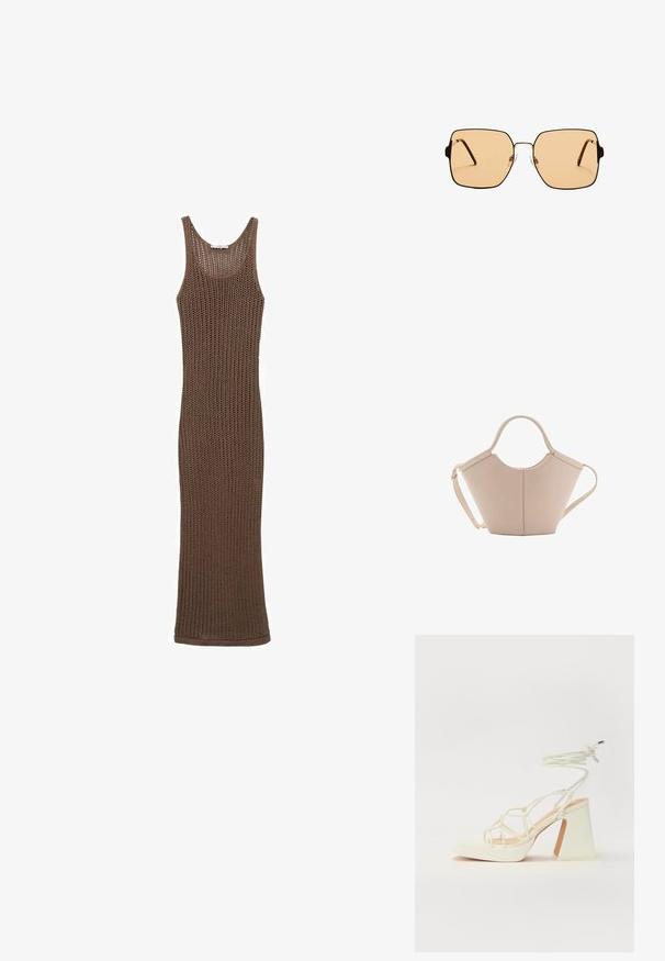 Braunes gehäkeltes ärmelloses Kleid mit einer taillierten Silhouette, das eine offen gewebte Textur und einen runden Ausschnitt aufweist.; Weiße High-Heel-Sandale mit einem klobigen Absatz, die über ein Riemchendesign und ein Knöchelband verfügt. Glatte Textur mit einer Plattform vorne für zusätzliche Höhe.; Quadratische Sonnenbrillen mit braunen Gläsern und einem dünnen schwarzen Metallrahmen. Verfügt über schräg gestaltete Bügel und verstellbare Nasenpads für zusätzlichen Komfort.; Beige Lederhandtasche mit einer einzigartigen Form, die zwei kurze Henkel und einen langen verstellbaren Riemen aufweist. Glatte Textur mit minimalen Hardware-Elementen.
