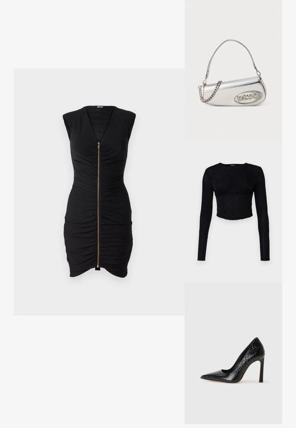 Juoda be rankovių suknelė su gilia V formos iškirpte, priekyje esamu užtrauktuku ir susirankiota tekstūra, turinti prigludusį siluetą ir lygią medžiagą.; Juoda ilgomis rankovėmis trumpa palaidinė, pagaminta iš tekstūruoto audinio, su prigludusia forma ir surinkimu krūtinės srityje.; Juoda smailiakulnė aukšto kulno bateliai su krokodilo odos tekstūra, pasižymintys elegantišku dizainu, aukštu stiletu kulnu ir lygia juoda vidine dalimi.; Sidabrinė metalinė rankinė apvalios trikampio formos, su logotipu, grandeline juosta ir lygiu paviršiumi. Užtrauktukas šone.