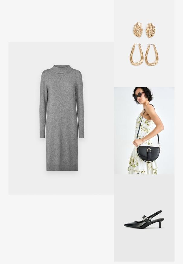 Rochie tricotată gri, cu guler înalt, mâneci lungi și mansete cu nervuri. Materialul pare moale, iar designul este mulat.; Sandale cu toc din piele patent neagră, cu vârful ascuțit și un toc mic bloc, având un accent cu cataramă argintie pe curea.; Geantă din piele neagră, cu o formă curbată, curea detașabilă și accesorii aurii. Geanta are un capac cu un detaliu tip cataramă.; Cercei aurii cu forme texturate și ondulate. Include studs sculpturale cu clip și un design de cerc deschis cu un finisaj cioplit.