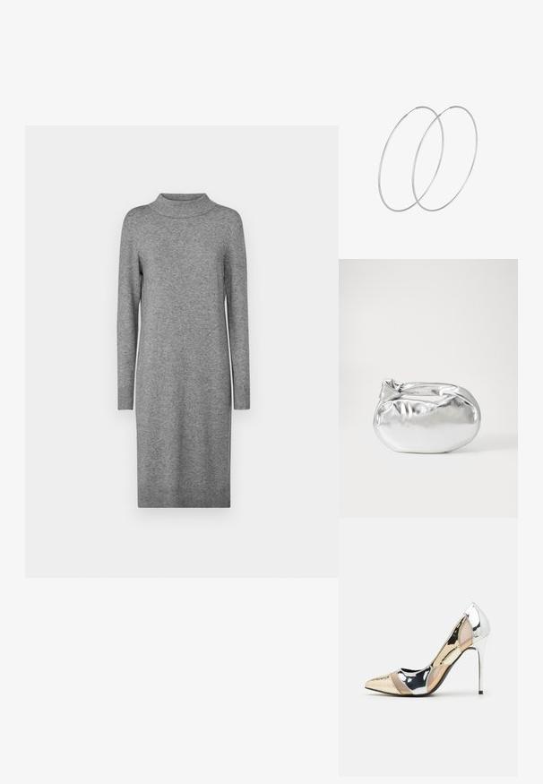 Pilkas megztinis su aukštu apykakliu, ilgomis rankovėmis ir raukinėmis rankogaliais. Medžiaga atrodo minkšta, o dizainas yra prigludęs.; Aštrus pirštas aukštakulnis batelis su sidabro, aukso ir nuogų spalvų deriniu. Blizgus paviršius su išpjovos dizainu, su stiletto kulnu.; Sidabrinė metalinė maišelio forma su švelnia, apvalia forma ir mazgu užveriamu viršumi. Pagaminta iš lygios dirbtinės odos medžiagos.; Sidabrinės pusmėnulio auskarai minimalistiniu dizainu. Apskritimo forma, lygus paviršius ir plonas profilis. Lengvi su poliruotu apdailu.