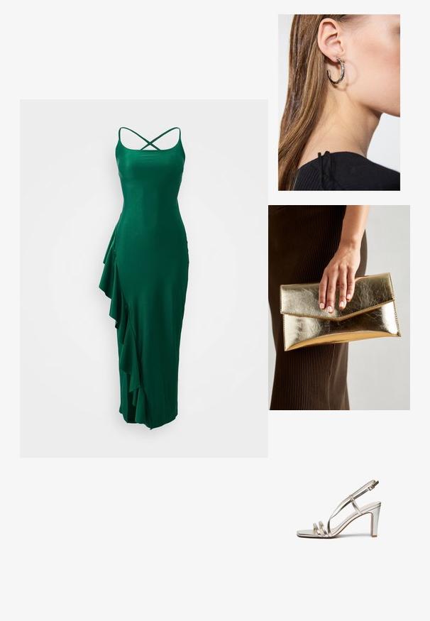 Zöld selyemruha pántos vállpántokkal és keresztbe futó hátrészel, bal oldalon fodros részlettel és testhez simuló fazonnal.; Fémes ezüst színű magassarkú szandál nyitott orral, három vékony pánttal a lábfejen és egy csatfüles bokapánttal.; Arany fémes clutch táska sima textúrával, háromszög alakú csattal. A kéz, amely tartja, szépen manikűrözött körmökkel rendelkezik.; Ez egy ezüst fülbevaló, sima felülettel, amelyen apró arany díszítőelemek találhatók. Kerek formájú és a fülcimpán viselik.