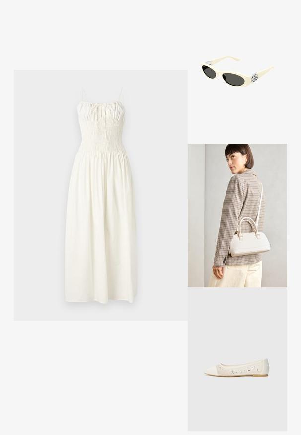 Faithfull the brand AYA STRING MIDI DRESS - Freizeitkleid - white; Spitz zulaufende Ballerinas aus cremefarbenem Leder mit transparentem Obermaterial, verziert mit verstreuten Strasssteinen. Weiche Sohle für Komfort, minimalistische Gestaltung.; Cremefarbene Sonnenbrille mit ovalen Gläsern, schwarzem Tönung und metallischen Logoakzenten an den Schläfen. Glatte Textur, Cat-Eye-Design.; Weiße strukturierte Handtasche mit kurzen Griffen und einem Schultergurt, ausgestattet mit goldfarbenen Hardware-Elementen und strukturiertem Material, vor einem grauen Hintergrund präsentiert.