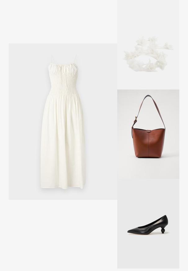 Faithfull the brand AYA STRING MIDI DRESS - Day dress - white; Black leather high heel shoe with a pointed toe and a round, balled heel. Smooth texture with a sleek, minimal design.; Brown leather shoulder bag with a curved shape, smooth texture, and a single thin strap. Features a subtle seam and a small logo detail.; Floral headband made of white petals with a thin, flexible band. Petals are soft and lightweight, creating a delicate, layered appearance.