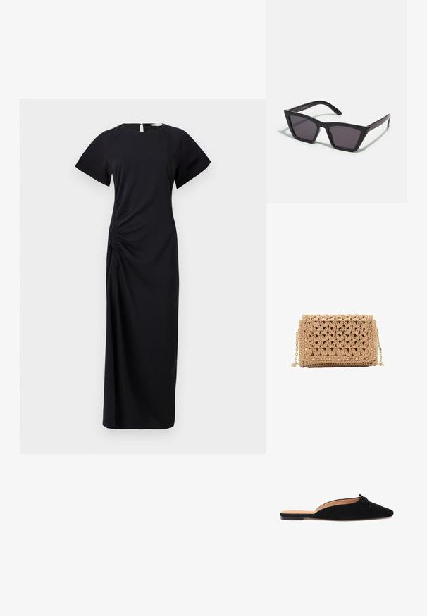 Robe noire longue avec des manches courtes, fronces sur les côtés et une ouverture en forme de clé dans le dos. Fabrication en tissu doux avec une texture lisse.; Bottine noire en daim à enfiler avec un bout pointu et un petit nœud décoratif sur le dessus, dotée d'une semelle plate et d'un dos ouvert.; Lunettes noires angulaires avec des verres gris ; fabriquées en plastique, avec des branches épaisses à la surface lisse et sans matériel visible.; Sac au crochet en beige clair, présentant un motif texturé. Bandoulière en chaîne dorée, avec des clous décoratifs le long des bords pour un détail supplémentaire.