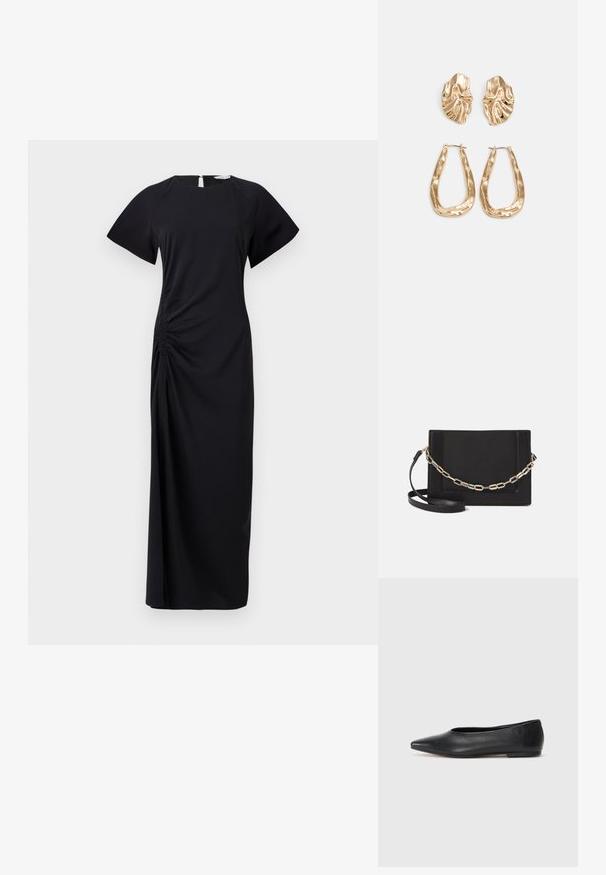 Black, long dress with short sleeves, side ruching, and a back keyhole opening. Made of soft fabric with a smooth texture.; Black leather ballet flat, pointed toe, minimalistic design, smooth texture, low-profile heel, no visible hardware or embellishments.; Black leather crossbody bag featuring a smooth texture, rectangular shape, and a metallic chain detail on the front. Adjustable strap included.; Gold-tone earrings featuring textured, wavy shapes. Includes sculptural clip-on studs and open hoop design with a hammered finish.