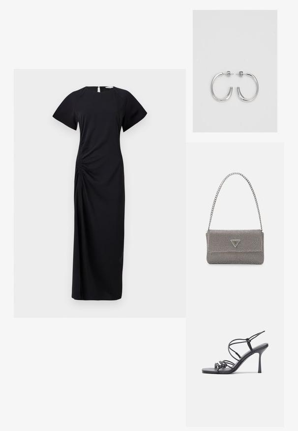 Čierna, dlhá šaty s krátkymi rukávmi, bočné nariasenie a otvor vzadu v tvare kľúčovej dierky. Vyrobené z jemnej látky s hladkou štruktúrou.; Čierne sandále na vysokom podpätku majú tenké remienky s uzlovým dizajnom, hladký štvorcový špičku a elegantný stiletto podpätok.; Svetlošedá metalická kabelka s reťazovým popruhom, ozdobená malými kruhovými kovovými štítkami a trojuholníkovým logom značky.; Strieborné kruhové náušnice s hladkým a lesklým povrchom. Okrúhly tvar, ľahký dizajn, s uzáverom na kolík.