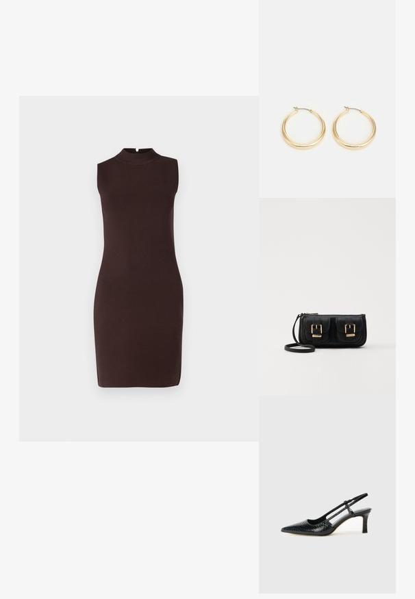 Braunes ärmelloses, tailliertes Kleid mit hohem Kragen, hergestellt aus glattem Stoff, mit minimalistischem Design und knielangem Schnitt.; Schwarze Lack-Slingback-Pumps mit spitzem Zehenbereich, versehen mit strukturiertem Schlangenprint, verstellbarem Riemen und einem kurzen, strukturierten Blockabsatz.; Schwarze Leder-Umhängetasche mit zwei vorderen Taschen, goldenen Schnallen, Reißverschluss und einem schmalen Tragegurt. Texturierte Oberfläche und kompakte rechteckige Form.; Goldfarbene Creolen mit einem glatten, abgerundeten Design, ausgestattet mit einem dünnen Drahtverschluss und einer polierten Oberfläche für ein glänzendes Erscheinungsbild.