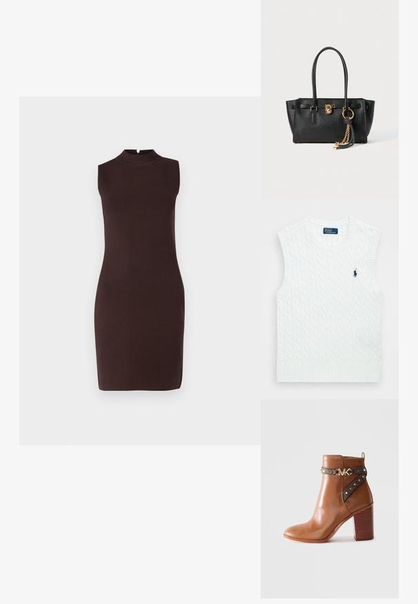 Brun ærmeløs tætsiddende kjole med høj hals, lavet af glat stof, der har et minimalistisk design og knælængde.; Polo Ralph Lauren CABLE KNIT COTTON SWEATER VEST - Top - white; Brun læder ankelstøvle med stablet blokheel, sidebånd med guldnitter og en guld "MK" logo spænde.; Sort læder skuldertaske med dobbelte håndtag, guld lås og kædedetalje samt sort-hvid kvast tilbehør mod hvid baggrund.