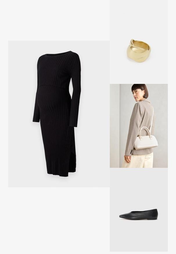 Vestido de maternidade preto canelado com mangas compridas, decote redondo e fendas laterais. Apresenta uma silhueta ajustada que acomoda uma barriga em crescimento.; Bailarina de couro preto, bico fino, design minimalista, textura suave, salto baixo, sem hardware ou embelezamentos visíveis.; Bolsa estruturada branca com alças curtas e uma alça de ombro, com detalhes em hardware dourado e material texturizado, exibida contra um fundo cinza.; Anel dourado com um design liso e torcido. Apresenta uma superfície polida e bordas arredondadas, criando uma forma fluida e sem costura.
