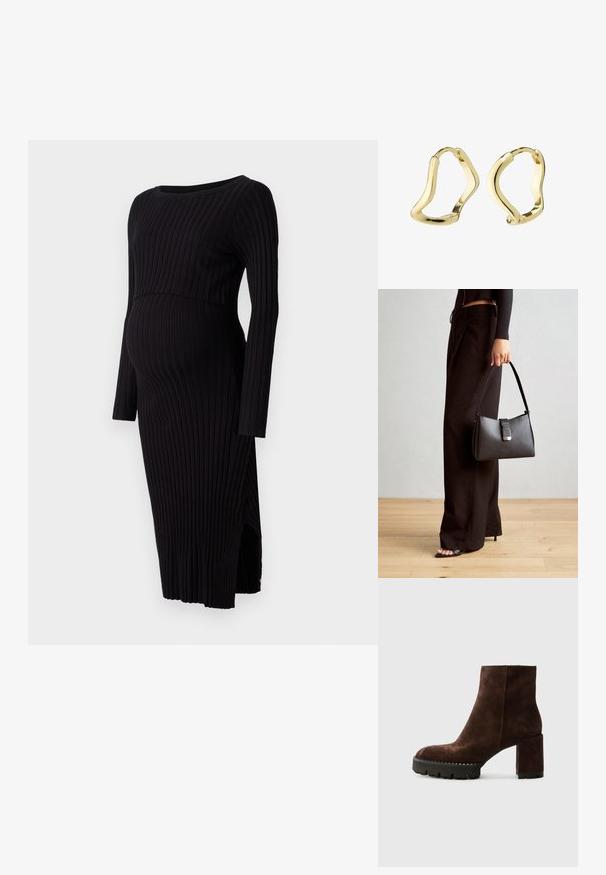Black ribbed maternity dress with long sleeves, a round neckline, and side slits. Features a fitted silhouette that accommodates a growing belly.; Kennel + Schmenger KATE - Wedge Ankle Boots - pepe; Black handbag with structured shape, smooth texture, and a metallic clasp. Paired with wide black pants and open-toe sandals on wooden floor.; Gold hoop earrings with a fluid, wave-like design. Smooth texture, open shape, and no visible fasteners. Minimalist and modern appearance.