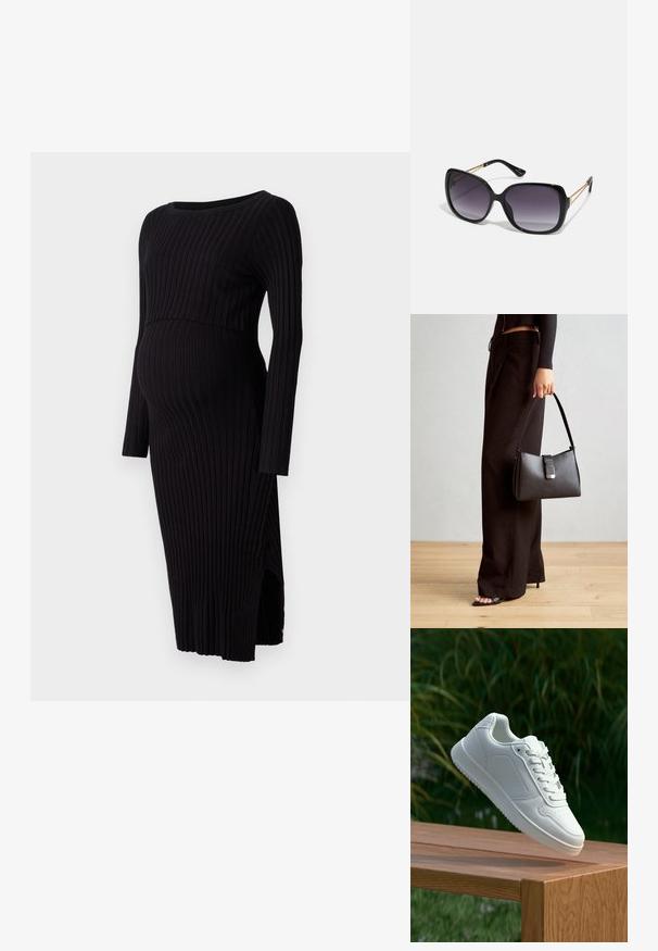 Svart ribbet gravidkjole med lange ermer, rund halslinje og sideslits. Har en tettsittende silhuett som rommer en voksende mage.; Hvite sneakers med en glatt syntetisk overdel, perforert tåboks, flate snørebånd og en teksturert såle, vist på en treflate.; Sorte oversized solbriller med gradient linser, tykke rammer og detaljering med gulltonekjede på tempelarmene.; Svart håndveske med strukturert form, jevn tekstur og metallisk lås. Kombinert med brede svarte bukser og sandaler med åpen tå på tregulv.