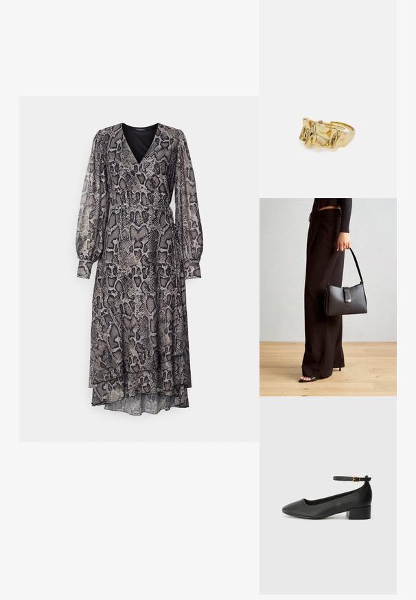 Duga haljina uzorka zmije u nijansama crne i bež. Ima V-izrez, duge balon rukave i slojeviti, lepršavi rub. Lagani materijal.; Crne kožne pumpe s oštrim vrhom i niskom blok petom. Sadrže remen oko gležnja s zlatnim kopčanjem. Glatka tekstura.; Crna torba s oblikom koji sadrži strukturu, glađu teksturu i metalnu kopču. Uparena s širokim crnim hlačama i sandalama na otvorenom s drvenog poda.; Zlatni prsten s teksturiranim, valovitim dizajnom koji ima tri istaknuta vrha. Glatka, sjajna površina s otvorenom trakom za podešavanje veličine.
