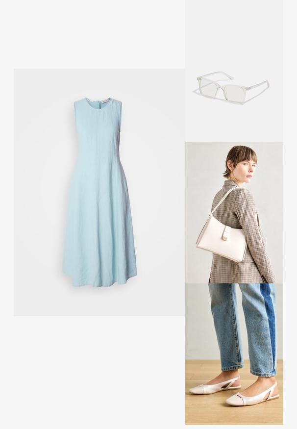 Gaiši zila bezdelīga kleita ar apaļu dekoltē. Izgatavota no teksturēta auduma, tai ir izplesta silueta un aizmugurējā rāvējslēdzēja aizdare.; Bālti rozā siksniņu dzīvokļi ar smailu purngalu, izgatavoti no gludas ādas līdzīgās materiāla. Iezīmē izgriezumu detaļas sānos un platu papēdi.; Caursplūstošas kvadrātveida brillēs ar caurspīdīgiem lēcām, ar zelta akcentiem uz tempļiem, lai pievienotu detaļas.; Balta ādas rokassoma ar strukturētu dizainu, kurai ir magnētiska aizdare un plecu josta, parādīta uz neitrāla fona.