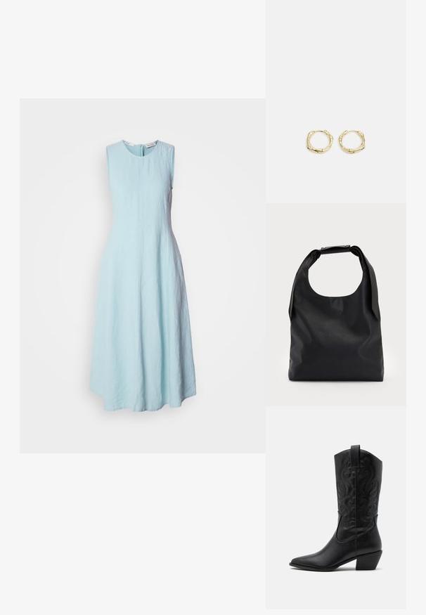 Vestido sem mangas de um azul claro com um decote redondo. Feito de um tecido texturizado, tem uma silhueta evasê e um fecho de correr nas costas.; Bota de cowboy em couro preto com bico pontiagudo, padrões em relevo com formas onduladas e salto de altura média. Possui uma alça para fácil colocação.; Saco hobo de couro preto com uma única alça suave e arredondada; apresenta uma textura suave e um design minimalista. Sem hardware ou acabamentos visíveis.; Brincos de argola dourados com um formato irregular e texturizado. Apresentam um fecho sem emenda e um acabamento polido, destacando um design moderno.