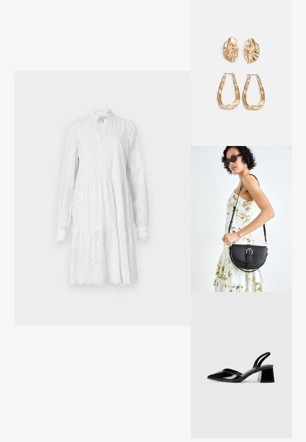 Vestido branco de manga longa com padrão de ilhós, decote alto e saia em camadas. Apresenta bainha em forma de onda e ligeira gather na cintura.; Sandy em verniz preto com salto slingback, ponta afilada e salto geométrico. Apresenta um design elegante e minimalista com textura suave.; Bolsa de couro preta com forma curva, alça destacável e detalhes em dourado. A bolsa possui uma aba com detalhe de fivela.; Brincos em tom de ouro com formas onduladas e texturizadas. Inclui studs escultóricos com presilha e um design de argola aberta com um acabamento martelado.