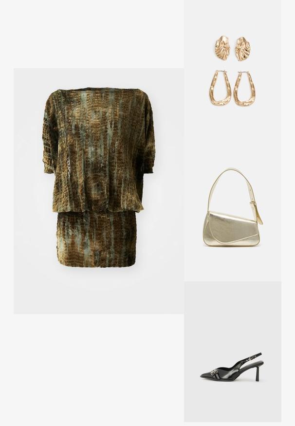 Samtkleid-Set mit einer lockeren Oberteil und einem enganliegenden Rock. Reiches Braun und gedämpfte Grünfarben mit einem strukturierten Krokodilmuster auf der gesamten Oberfläche.; Schwarzer Lackleder Slingback-Schuh mit spitzem Zehenbereich, Knöchelriemen mit silbernen Schnallen und Beschlägen sowie einem schlanken Absatz.; Goldfarbene metallische Handtasche mit strukturiertem Design, glatter Textur und verstellbarem Tragegurt. Sie verfügt über eine einzigartige dreieckige Form und minimalistische Nähte.; Ohrringe in Goldoptik mit strukturierten, gewellten Formen. Beinhaltet skulpturale Clip-Ohrringe und ein offenes Hoop-Design mit gehämmertem Finish.