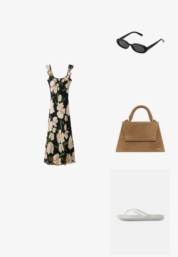 Schwarzes Blumen Kleid mit großen hellrosa Blumen, einem gerüschten Ausschnitt, verstellbarem Bindeband und einem fließenden, transparenten Stoffdesign.; Weiße Flip-Flops mit einer strukturierten Sohle, dünnen Riemen und einem flachen Design. Hergestellt aus Gummi mit einem dezenten Logo auf der Fußsohle.; Schwarze, oversized Sonnenbrillen mit ovalen Gläsern, glattem Kunststoffrahmen und goldenen Akzenten an den Bügeln. Die dunklen Gläser bieten Sonnenschutz.; Brauner Wildleder-Handtasche mit einer strukturierten Dreiecksform, einem oberen Griff und einem Klappverschluss. Verfügt über ein dezentes Logodetail an der Seite.