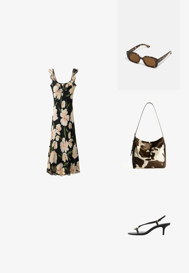Černé květinové šaty s velkými světle růžovými květy, s volánkovým výstřihem, nastavitelným zavazováním a splývavým, průhledným designem látky.; Černé kožené sandály na kotníkovém podpatku s tenkými pásky, zlatou sponou a minimalistickým provlečením na prstech na bílém pozadí.; Sluneční brýle ve skořápce želvy s kulatým, širokým rámem a hnědými čočkami. Mají jemné vzory a rovné, zúžené stranice.; Hnědá a krémová kravská kůže ramenní taška s hladkým koženým popruhem, zipovým uzavřením a jemným, texturovaným povrchem s přírodním vzorem.