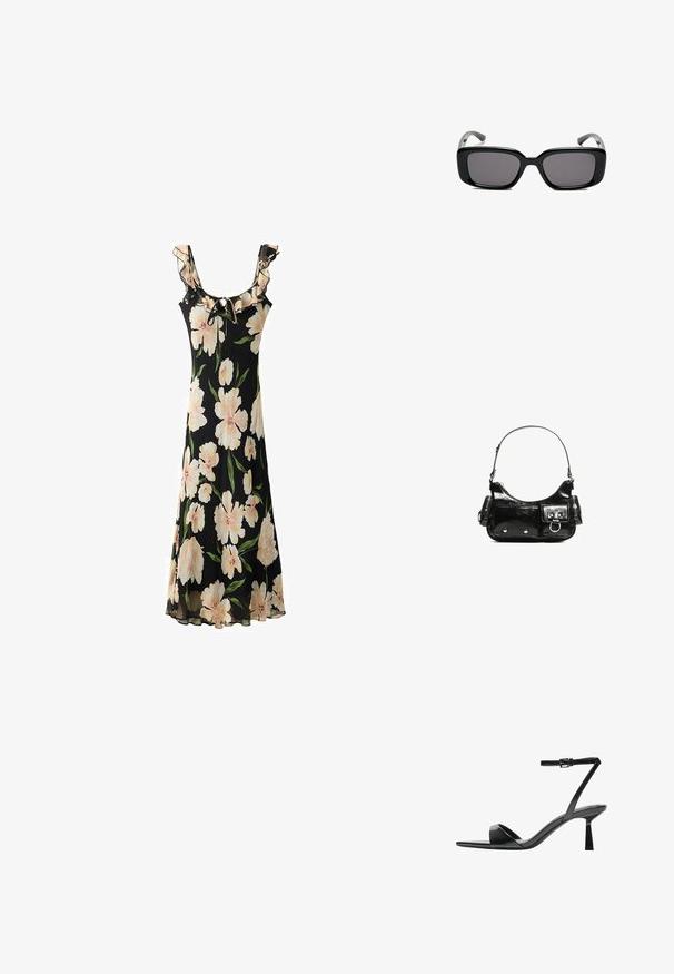 Schwarzes Blumen Kleid mit großen hellrosa Blumen, einem gerüschten Ausschnitt, verstellbarem Bindeband und einem fließenden, transparenten Stoffdesign.; Bershka High Heel Sandalette - black; Schwarze rechteckige Sonnenbrille mit dunklen Gläsern, glattem Kunststoffrahmen und gebogenen Bügeln. Das Design ist klobig mit einer minimalistischen Ästhetik.; Schwarze Lackleder-Handtasche mit geschwungenem Design, einem Schulterriemen, Vordertaschen und silberfarbenen Hardware-Akzenten.