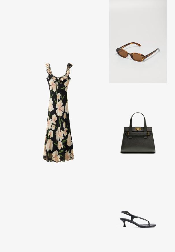 Musta kukallinen mekko, jossa on suuria vaaleanpunaisia kukkia, röyhelökaulus, säädettävä nyöri ja lanteilla valuva, läpikuultava kangasdesign.; Mustat nahkasandaalit, joissa on hoikka muotoilu, ohuet hihnat ja pieni korko. Varustettu solkiyksityiskohdalla ja sileäpintaisella pohjalla.; Silmustäkkilised prillid ovaalsete raamidega, pruunid läätsed ja õhukesed mustad käepidemed, millel on peened mustri aksendid.; Musta tekstuuriline ostukott lühikeste käepidemetega, millel on kuldne lukustus ja aktsendid. Kujundus on struktureeritud koos geomeetrilise siluetiga.