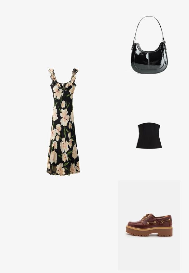 Svart blommig klänning med stora ljusrosa blommor, volangkrage, justerbar knytning och ett flytande, genomskinligt tygdesign.; Svart strapless topp med en figursydd silhuett, mjuk textur och vid halsringning. Har dartar för formgivning och en ren, minimalistisk design.; Brun läderskärgårdssko med en kraftig brun gummisula, guldfärgad ögla och kontrasterande sömmar. Har en logotyp på sidan.; Svart lackläderhandväska med en böjd design, dragkedjestängning och ett enda axelband med detaljer i silverfärgade metall och sömnadsaccenter.