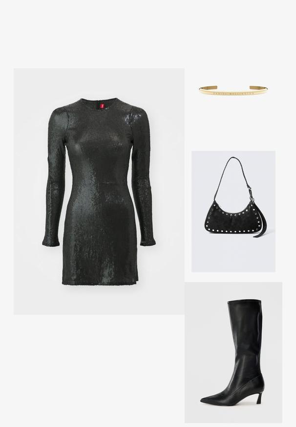 Czarna sukienka z cekinami, z długimi rękawami, okrągłym dekoltem, dopasowanym krojem i z zamkiem błyskawicznym z tyłu. Posiada gładką strukturę i błyszczące wykończenie.; Czarne skórzane kozaki do kolan z wąskim noskiem i umiarkowanym obcasem. Gładka tekstura i elegancki design z subtelnymi detalami w postaci przeszyć.; Czarna torebka z sztucznej skóry o zaokrąglonym kształcie, zdobiona okrągłymi metalowymi ćwiekami wzdłuż krawędzi, z zamkiem błyskawicznym i długim paskiem.; Złocona metalowa bransoletka typu cuff z gładkim, polerowanym wykończeniem oraz wygrawerowanym detalem "DANIEL WELLINGTON" wzdłuż bransoletki.