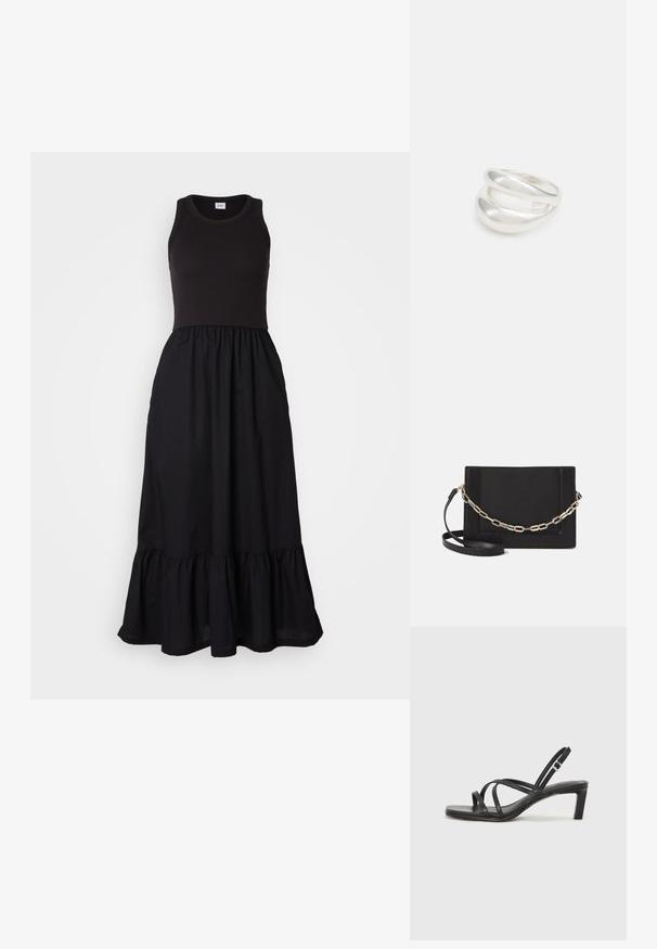 Gap Tall MIDI DRESS - Dnevna obleka - black; Črne natikače s trakovi in kvadratnim prstom ter nizkim blokastim peto. Imajo več tankih trakov in nastavljiv trak okoli gležnja. Narejene so iz gladkega usnja.; Črna usnjena torba čez ramo z gladko teksturo, pravokotno obliko in kovinskim verižnim detajlom spredaj. Vključena je nastavljiva naramnica.; Srebrn dvojni prstan z gladko, polirano površino. Ima tekoč, ukrivljen dizajn z prekrivajočimi se sekcijami za sodoben videz.