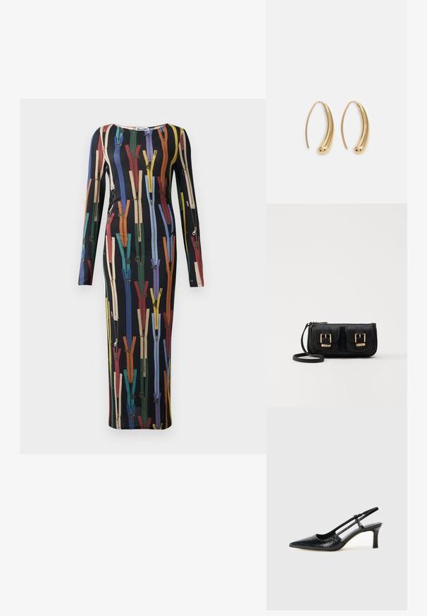 Dlouhé rukávy, přiléhavé šaty s černým základem, které mají barevné zipové vzory v různých odstínech a zlaté akcenty po celém povrchu.; Černé lakované slingback podpatky s špičatou špičkou, zdobené texturovaným hadím vzorem, nastavovacím páskem a krátkým texturovaným blokovým podpatkem.; Černá kožená crossbody taška se dvěma předními kapsami, zlatými přezkami, zipovým uzávěrem a štíhlým popruhem. Texturovaný povrch a kompaktní obdélníkový tvar.; Náušnice ve tvaru kruhu z pozlaceného kovu s vroubkovaným, prodlouženým tvarem. Mají hladký, lesklý povrch a zaoblený konec pro zvýraznění detailu.