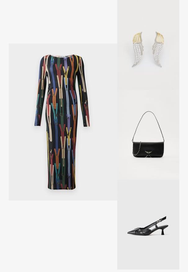 Ilga rankovėmis, prigludusi suknelė su juodu pagrindu, puošni įvairių spalvų užtrauktukų raštais ir auksinėmis detalėmis visame paviršiuje.; Juodas odinis slingback tipo batai su smailiu priekiniu atvartu, dekoratyvinėmis sagtimis su metaliniais akyčiais ir žemu blokiniu kulnu. Saldus paviršius.; Juodas odinis delninukas su sidabro spalvos grandinele, papuoštas dekoratyviniais sparnų akcentais ir balta siūle apačioje.; Du vienodą formą auskarai, pagaminti iš sidabro spalvos metalo su skaidriais, apvalaus pjūvio cirkoniais ir auksinės spalvos metaliniais akcentais sluoksniuotame dizaino sprendime.