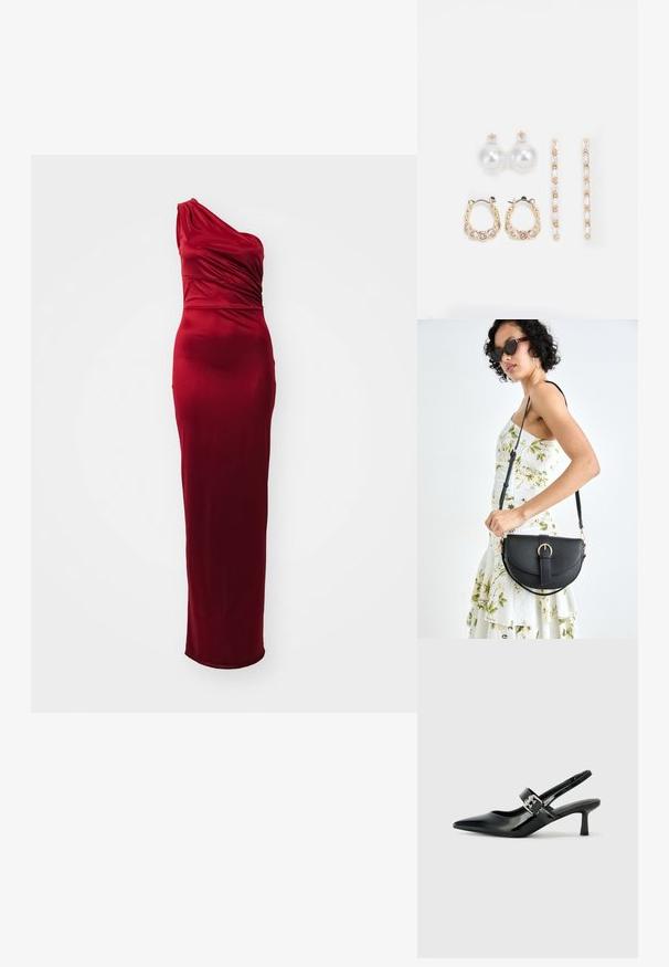 Red, one-shoulder evening dress with a fitted silhouette, draped detailing at the bust, and smooth, shiny fabric texture.; Black patent leather slingback heels with a pointed toe and a small block heel, featuring a silver buckle accent on the strap.; Black leather handbag with a curved shape, detachable strap, and gold hardware. The bag features a flap with a buckle detail.; Three pairs of earrings: large white pearl studs, gold hoops with clear gemstones, and two long, straight gold accent earrings with sparkly details.