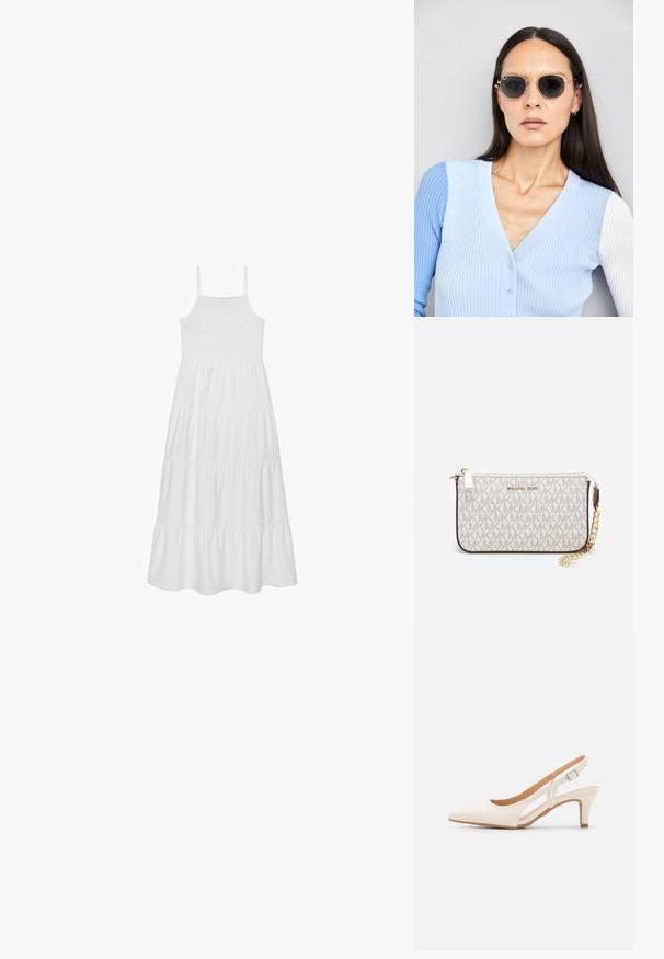 Valkoinen kesämekko jossa on spagettiolkaimet, smokk bodice ja kerroksellinen röyhelösuunnittelu. Valmistettu kevyestä kankaasta ja siinä on virtaavasti laskeutuva A-linjan muoto.; Valkoinen slingback-korkokenkä, jossa on terävä kärki, sileä päällismateriaali, matala lohkokorko ja sivuaukko-design säädettävällä soljella.; Pyöreät aurinkolasit, joissa on tummat linssit ja kultaiset kehykset. Mallilla on päällään vaaleansininen, ribatusta materiaalista valmistettu neuletakki, jossa on napit ja kontrastiväriset valkoiset hihat.; Michael Kors kääröbeige pinnoitettua kangasta, jossa on toistuva MK-logo -kuvio, kultaiset yksityiskohdat ja irrotettava ketjuhihna.