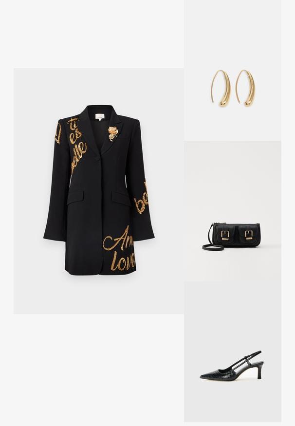 Sacou negru cu mâneci lungi, prevăzut cu text din paiete aurii și un accesoriu floral cu broșă pe piept. Rever clasic și design structurat.; Pantofi cu toc slingback negri din patent, cu vârf ascuțit, cu imprimeu de șarpe texturat, curea ajustabilă și toc scurt texturat.; Geantă neagră din piele, tip crossbody, cu două buzunare frontale, catarame aurii, închidere cu fermoar și o curea subțire. Suprafață texturată și formă rectangulară compactă.; Cercei din metal auriu, cu un design curbat și alungit. Au o suprafață netedă și strălucitoare, cu un vârf rotunjit pentru un detaliu suplimentar.