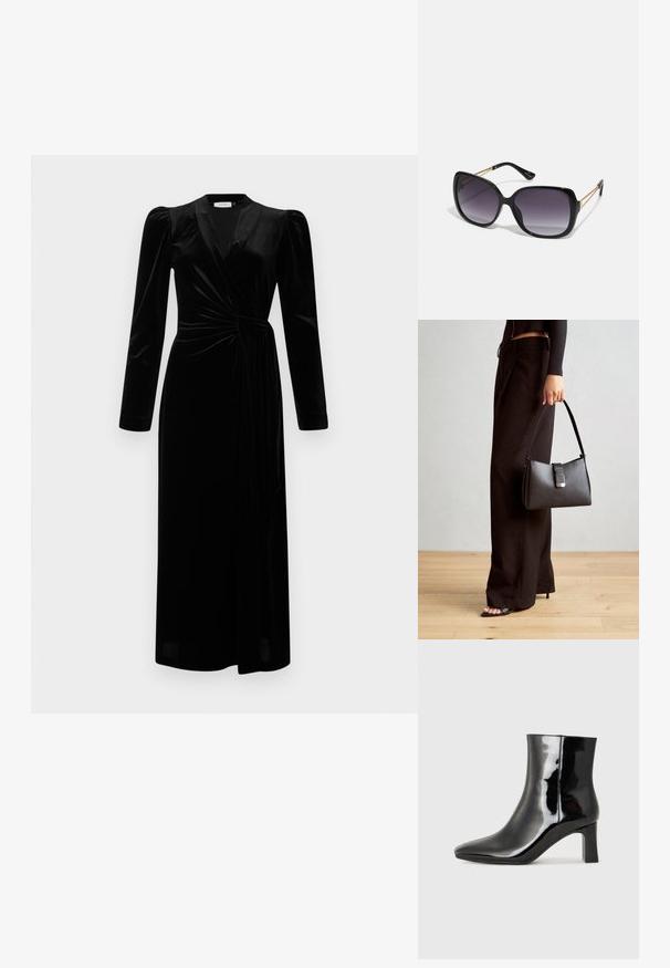 Pikk must sametist kattega kleit, millel on puhvis õlad, pikad varrukad ja külje lips vööl.; Must-sinine nahkjalats musta läikiva viimistlusega, millel on terav nina ja keskmise kõrgusega plokk konts. Sile tekstuur ja minimalistik disain.; Mustad ümarad päikeseglaasid, millel on gradient objektiivid, paksud raamid ja kuldse tooni kettaga kaunistused tempelitel.; Must musta kott, millel on struktureeritud kuju, sile tekstuur ja metallist klamber. Kombineeritud laiate mustade pükstega ja avatud varvaste sandaalidega puidust põrandal.