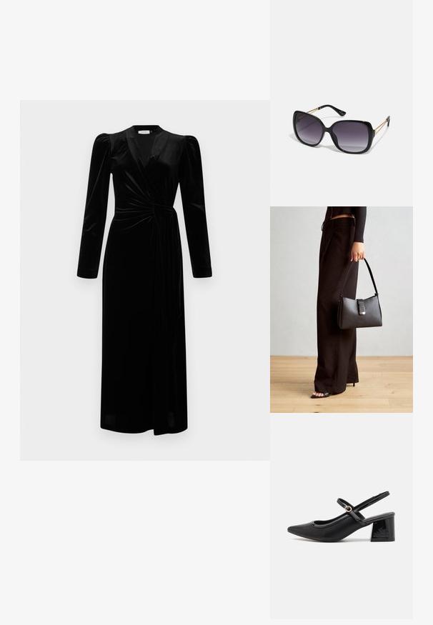 Pitkä musta samettinen kietaisymeikkö, jossa on puffihempaiset olkapäät, pitkät hihat ja sivusolmu vyötäröllä.; Musta lakattu nahka slingback-korkokengät, joissa on terävä kärki, pyöreä aukko-muotoilu ja lohkokorko. Varustettu kultasävyisellä solkiyksityiskohdalla.; Mustat ylisuurten kehysten aurinkolasit, joissa on liukuväri-linssit, paksut kehykset ja kultasävyiset ketjustuskoristeet temppeleissä.; Musta käsilaukku, jossa on rakenteellinen muoto, sileä pinta ja metallinen solki. Yhdistetty leveisiin mustiin housuihin ja avonaiheisiin sandaaleihin puulattialla.