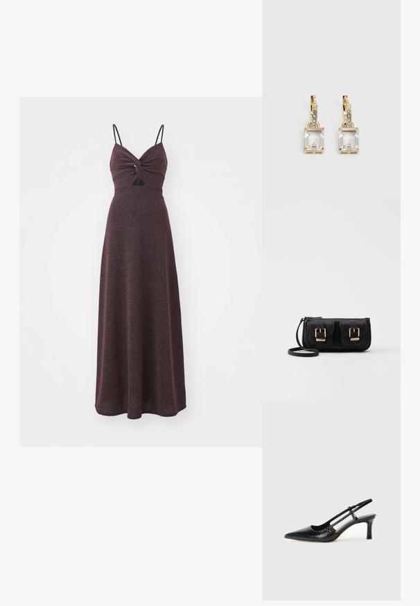 Ilga bordo suknelė su prigludusia kūno dalimi, atsukama priekyje, plonomis reguliuojamomis petnešomis ir laisvai krentančia tekstūruota sijonu. Apima mažą išpjovą.; Juodai lakuoti slingback aukštakulniai su smailiu nosiu, su tekstūruotu gyvatės raštu, reguliuojama juosta ir trumpu, tekstūruotu blokiniu kulnu.; Juodas odinis per petį nešiojamas krepšys su dviem priekiniais kišenėmis, auksiniais sagtimis, užtrauktuko uždarymu ir siauromis petnešomis. Textūruota paviršius ir kompaktiškas stačiakampis formatas.; Auksinės spalvos auskarai, kuriuose yra stačiakampis, skaidrus kristalas, kabantis po eile mažų, apvalių skaidrių akcentų. Šiuolaikiškas, modernus dizainas.