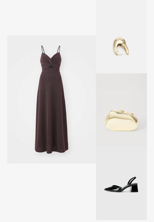 Rochie lungă burgundă cu un corset ajustat, detaliu frontal răsucit, bretele subțiri ajustabile și o fustă texturată și fluidă. Include o mică decupare.; Pantofi cu toc slingback din piele lacuită neagră, cu vârf ascuțit și toc geometric. Prezintă un design elegant, minimalist și o textură netedă.; Clutch metalizat de culoare aurie, cu o formă netedă și rotundă, având un închizător tip buton în partea de sus și o curea mică pentru purtare.; Cercei din metal de culoare aurie cu un design elegant și curbat. Prezintă o formă distinctivă, ascuțită, o suprafață lustruită și un sistem de închidere cu balama.
