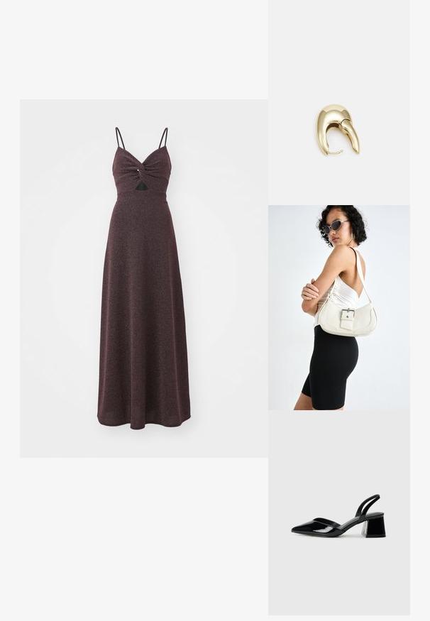 Dolga burgundska obleka s prilegajočim korpusom, detajlom na sprednji strani v obliki zavitka, tankimi nastavljivimi naramnicami in lebdečo teksturirano krilo. Vključuje majhen izrez.; Črne lakirane slingback pete s koničastim nosom in geometrijsko blokasto peto. Imajo eleganten, minimalističen dizajn in gladko teksturo.; Bela usnjena torbica s ukrivljeno obliko, nastavljivim trakom in majhnim detajlom s sponko. Model nosi oprijet črno obleko.; Uhane nakit iz zlatastega tona z gladko, ukrivljeno zasnovo. Ima edinstveno koničasto obliko, polirano površino in zaponko s tečajem.