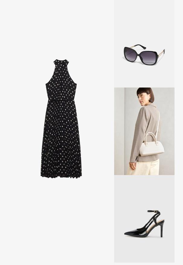 Mango ADELA - Jurk - black; Zwarte lakleren hoge hak slingback schoenen met spitse neus, verstelbare enkelband en open zijkanten. Gladde textuur.; Zwarte oversized zonnebril met gradient glazen, dikke montuur en gouden kettingdetails op de pootjes.; Witte gestructureerde handtas met korte handvatten en een schouderband, voorzien van gouden hardwareaccenten en een textuurmateriaal, tentoongesteld tegen een grijze achtergrond.