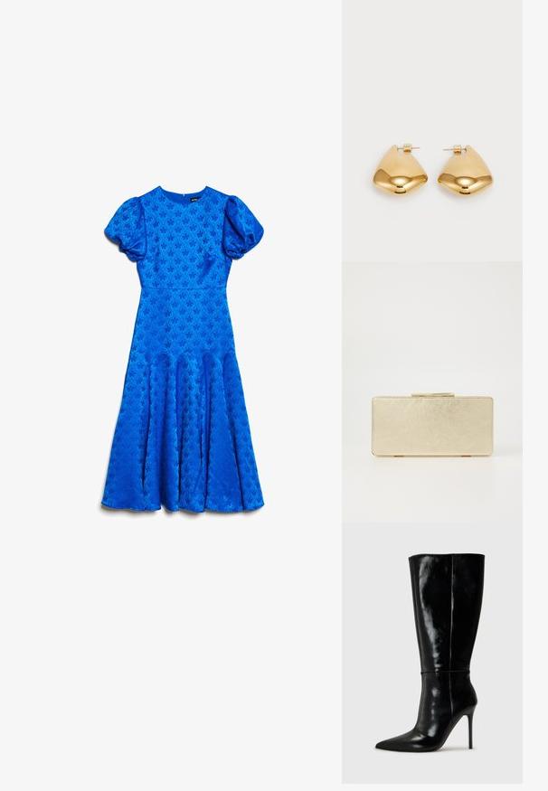 Blå midi-kjole med puffede korte ærmer, tætsiddende talje, subtilt blomsterjacquardmønster og udvidede skørtpaneler.; Sorte skinnkne-høye støvler med spiss tå og høye stiletthæler. Glatt tekstur og elegant design, med minimal detaljering.; Gull clutch-veske med en jevn metallisk finish, rektangulær form og en enkel lås. Ingen synlige mønstre eller dekorasjoner.; Øreringer i gulltone laget av metall, med en glatt, avrundet trikantform og stift-bakdesign; reflekterende overflate med minimal detaljer.