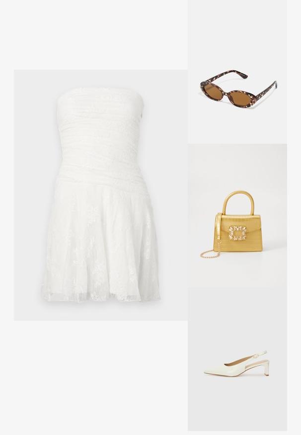 Balta strapless kleita ar ručotu korpusu, mežģīņu detaļām un izplestu svārku. Izgatavota no viegla auduma ar teksturētu apdari.; Balta patent ādas sandale ar norādītu purngalu un zemu blokus papēdi. Satur smalku siksniņu ar zelta krāsas sprādzi.; Tortoiseshell saulesbrilles ar ovālu stiklu, brūnganiem toņiem, plāniem rokām ar faktūras rakstu, viegla plastmasas apmale.; Dzeltena mākslīgā krokodila roku soma ar strukturētu dizainu, augšējo rokturi, noņemamu ķēdes siksniņu un dekoratīvām kristāla rotājumiem aizdares daļā.