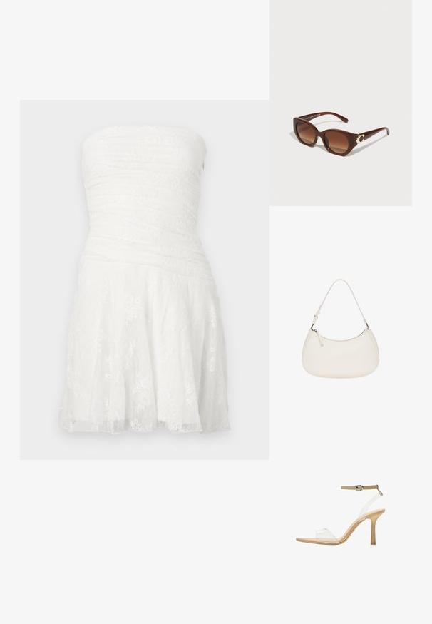 Valkoinen olkaimeton mekko, jossa on rypytetty yläosa, pitsiyksityiskohtia ja levenevä hame. Valmistettu kevyestä kankaasta, jossa on teksturoitu pinta.; Kirkas korkokenkä läpinäkyvällä varrella, beigellä pohjalla ja hoikalla nilkkahihnalla. Ominaisuuksiin kuuluu terävä kärki ja ohut korkea korko.; Ruske muhe sa oblikom mačjih očiju, gradijentne smeđe sočiva i zlatni logo detalj na sljepoočnici. Glatka tekstura.; Valkoinen nahkalaukku, jossa on kaareva muoto, säädettävä olkahihna ja ylhäältä avattava vetoketju. Pehmeä tekstiili, jossa on vain vähän metalliosia.