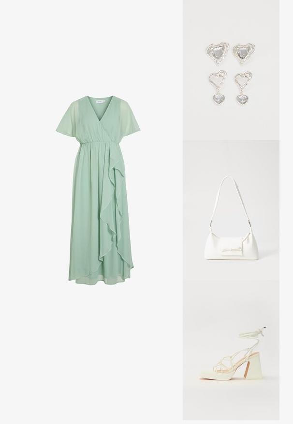 Vestido midi de manga curta e decote em V, em verde claro, com cintura franzida e renda a escorregar de um lado, em tecido leve.; Sandálias brancas de salto alto com um salto robusto, apresentando um design com tiras e amarração no tornozelo. Textura suave com uma plataforma na frente para altura adicional.; Mala sintética branca com formato triangular, aba frontal plana e detalhe de laço, alça ajustável, textura suave e design minimalista.; Os brincos em forma de coração prateados apresentam pedras claras facetadas, com uma moldura texturizada. O conjunto inclui estilos de botão e de gota.