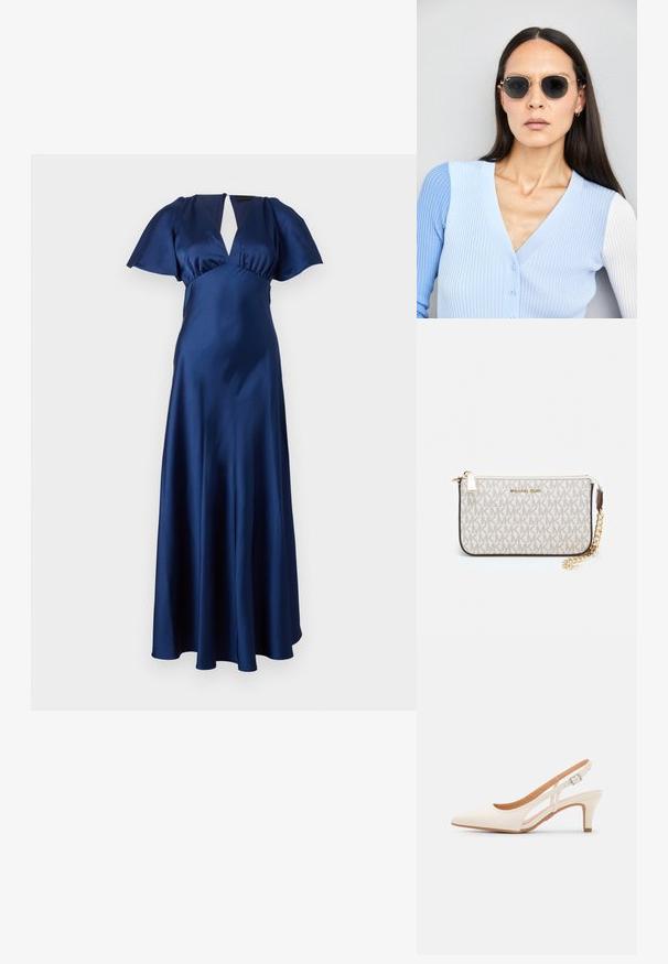 Mørkeblå satinkjole med korte flatterende ermer, dyp V-hals og flytende A-linje silhuett. Glatt tekstur med minimalt detaljer.; Hvit slingback-hel med spiss tå, glatt overmateriale, lav blokkhelt, og cut-out-design på siden med justerbar spenne.; Runde solbriller med mørke linser og guldrammer. Modellen har en lyseblå, ribbet cardigan med knapper og kontrast hvide ærmer på.; Michael Kors håndleddsveske i beige belagt kanvas med et gjentakende MK-logo mønster, gullfarget maskinvare og en avtakbar kjede-rem.