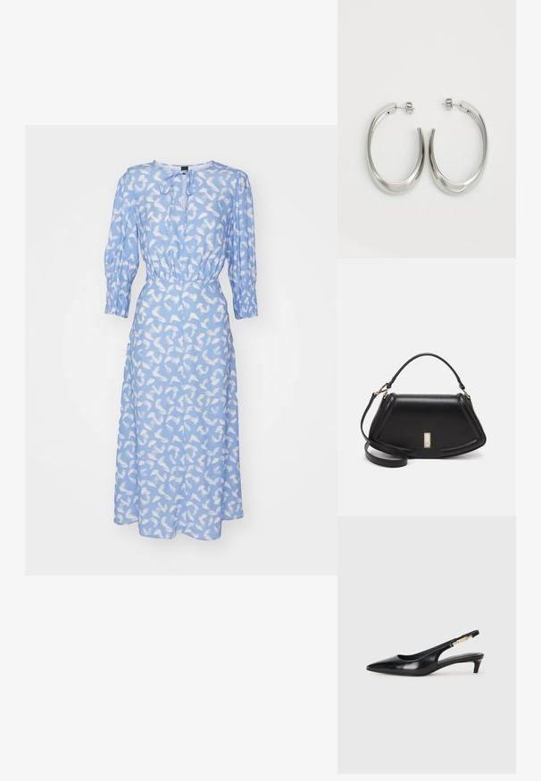 Ljusblå klänning med ett vitt abstrakt mönster. Har långa puffärmar, en insvängd midja och en rund halsringning med en knytning.; Svart läder slingback-hälar med spetsig tå, med en smal klack och en guldtonad detalj på den justerbara remmen. Slät textur.; Svart läderhandväska med en strukturerad design, som har en avskuren form, ett handtag upptill och guldiga detaljer. Justerbar axelrem ingår.; Silverfärgade hoopsörhängen med en slät, böjd design. Har en glänsande metallisk yta och ett stiftlås. Inga synliga mönster eller detaljer.
