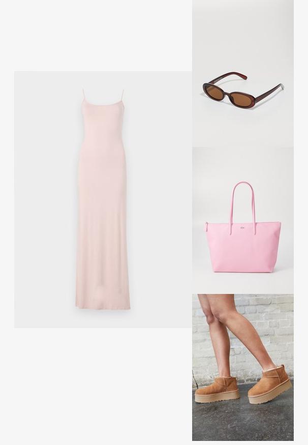Vaaleanpunainen, hihaton maksimekko, jossa on tiukka vartaloosa ja laskostettu hame. Valmistettu pehmeästä, sileästä kankaasta, jossa on minimaalinen muotoilu eikä näkyviä kuvioita.; Ruske mokasine do gležnja od nubuk kože s mekim podstavom, debelim bež platformama i stražnjim držačem. Teksturirana površina s vidljivim detaljima šavova.; Pyöreät, ruskehtavat aurinkolasit, joissa on kiiltävä burgundinpunainen runko. Kapeat sivut, joissa on hienovarainen brändäys. Litteät linssit.; Vaaleanpunainen kassi, joka on valmistettu tekstuurimateriaalista. Kassin edessä on kaksi pitkää kahvaa ja logo kohokuvioituna. Suljettu vetoketjulla.