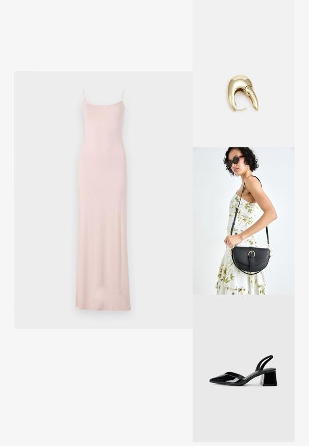 Vestido maxi sin mangas de color rosa con un corsé ajustado y una falda fluida. Hecho de una tela suave y lisa con un diseño minimalista y sin patrones visibles.; Zapatos de tacón slingback de charol negro con punta afilada y tacón geométrico en bloque. Presentan un diseño elegante y minimalista, así como una textura suave.; Bolso de piel negra con forma curva, correa desmontable y herrajes dorados. El bolso cuenta con una solapa con un detalle de hebilla.; Pendiente de metal en tono dorado con un diseño elegante y curvado. Presenta una forma puntiaguda distintiva, superficie pulida y cierre de bisagra.
