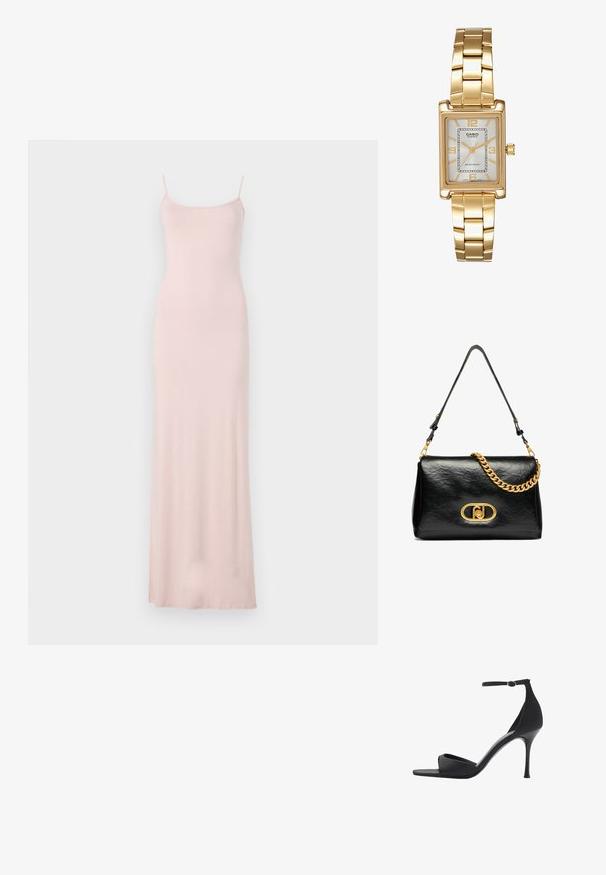 Růžové maxi šaty bez rukávů s přiléhavým korzetem a splývavou sukní. Vyrobené z měkkého, hladkého materiálu s minimalistickým designem a bez viditelných vzorů.; Mango Sandály na vysokém podpatku - black; Černá kožená kabelka přes rameno s pomačkanou texturou, zlatým řetízkem jako doplňkem a výraznou zlatou sponou se oválným logem. Nastavitelný ramenní popruh.; Zlatý obdélníkový náramkový hodin s bílým ciferníkem, stříbrnými indexy a odolným kovovým náramkem. Obsahuje voděodolnou funkci.