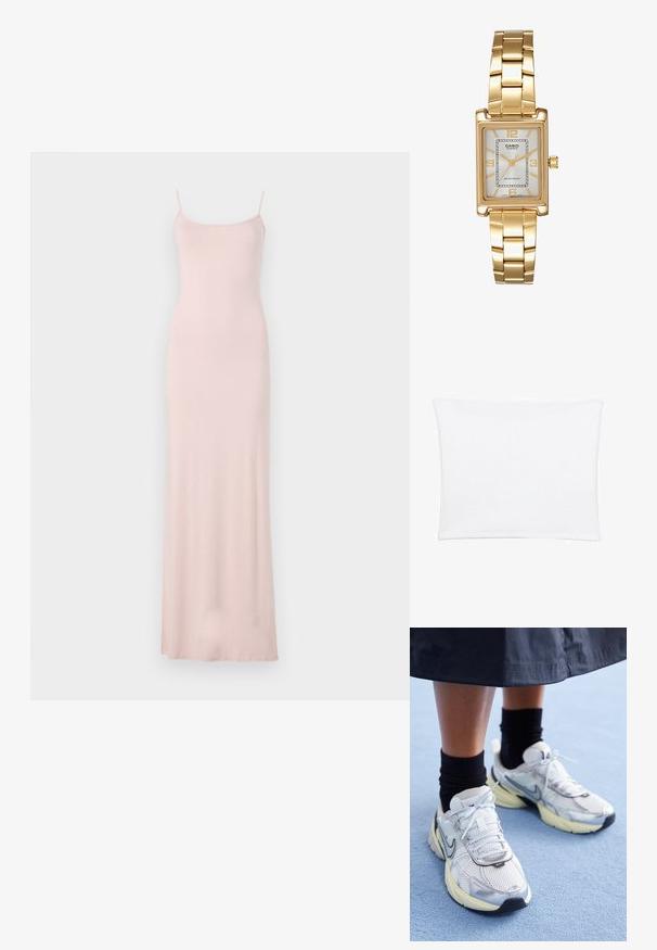 Ružové, bezrukávové maxi šaty s priliehavým korzetom a splývavou sukňou. Vyrobené z mäkkej, hladkej tkaniny s minimalistickým dizajnom a bez viditeľných vzorov.; Biela obliečka na vankúš s hladkým, jemným povrchom, s obdĺžnikovým tvarom a čistými okrajmi, navrhnutá pre štandardné veľkosti vankúšov.; Biele a strieborné Nike tenisky s mrežovou textíliou, reflexnými akcentmi a béžovou podrážkou. Nosené s čiernymi ponožkami, stojace na modrom povrchu.; Zlatý obdĺžnikový náramkový hodinky s bielym ciferníkom, striebornými indexmi a odolným kovovým náramkom. Obsahuje vodoodolnú funkciu.