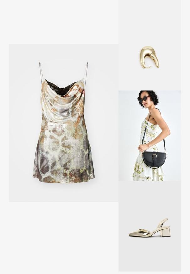 Šaty s kapucí a tenkými ramínky, kovově stříbrná látka s abstraktními vzory v zemitých tónech a rozšířeným spodním lemem.; Kovové zlaté pantofle na podpatku s špičatou špičkou a masivním podpatkem. Hladký povrch, minimalisticý design a úzký pásek.; Černá kožená kabelka s křivkovým tvarem, odnímatelným popruhem a zlatými detaily. Kabelka má klopu s přezkou.; Náušnice ve zlatém tónu z kovu s elegantním zakřiveným designem. Vyznačují se jedinečným špičatým tvarem, lesklým povrchem a závěsem na kloub.